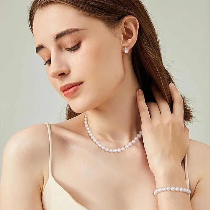 Wholesale Round Imitation Pearl Jewelry Set Choker Necklace Crystal Stud Earrings Elegant Women Daily Accessories view 3