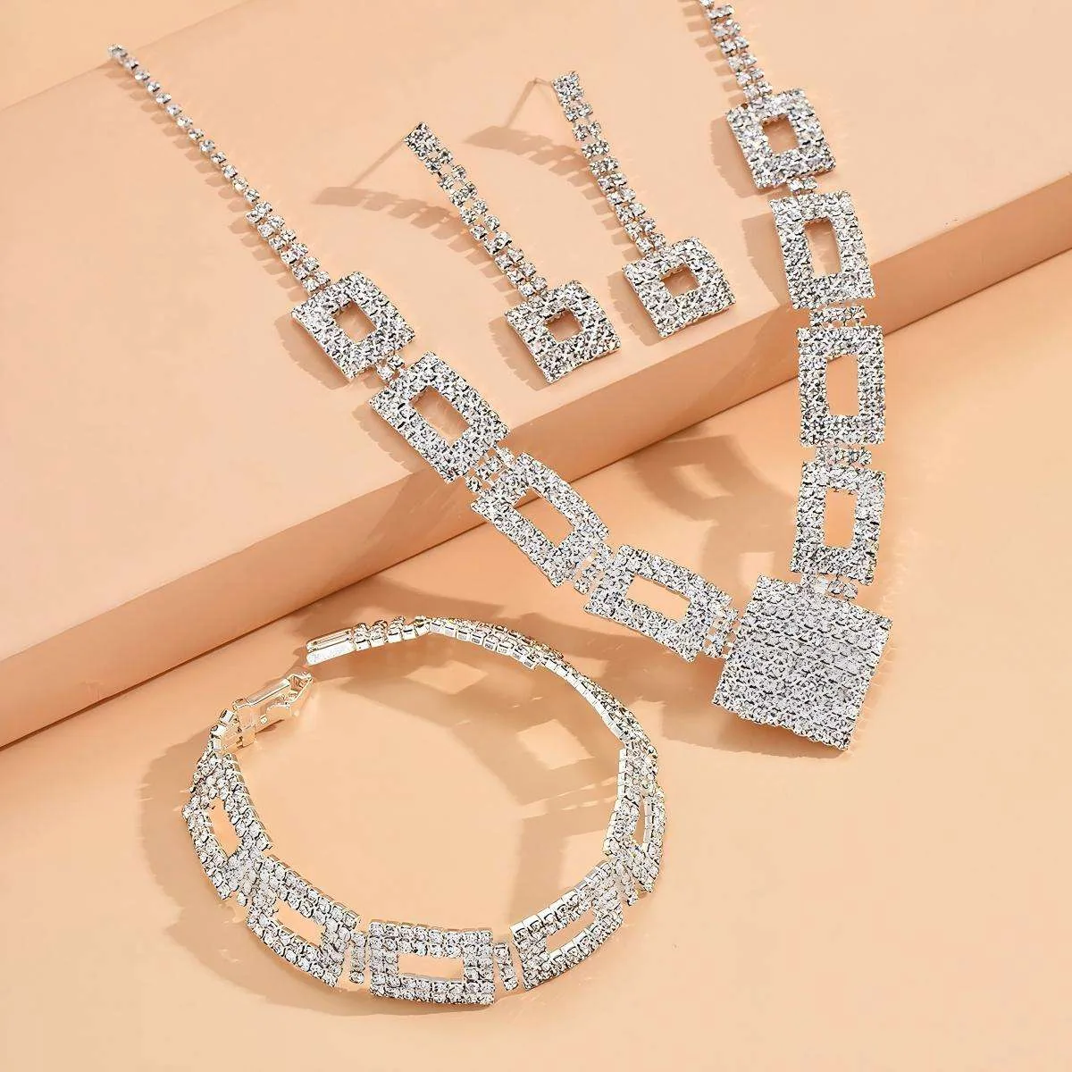 Custom Luxury Exquisite Shiny Geometric Square Diamond-encrusted Copper Jewelry Sets Bracelet Earrings Necklace for Women Set view 3