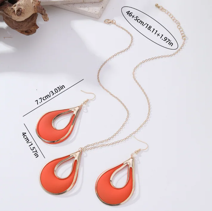 Wholesale European Hollow Teardrop Enamel Zinc Alloy Jewelry Set Water Wave Chain Necklace Earrings Women MOQ 6 Sets Bulk Supply view 2