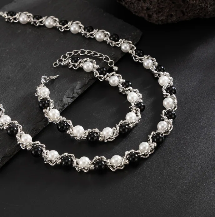 Wholesale Hip Hop Wrap Two Tone Faux Pearl Men Necklace Geometric Choker MOQ 6 Sets Bulk Supply