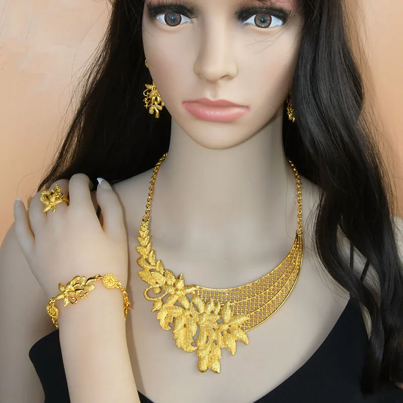 Wholesale Dubai Necklaces for Women Set Luxury 24K Gold Plated Necklace Bracelet Earrings Ring Fashion Wedding Jewelry view 3