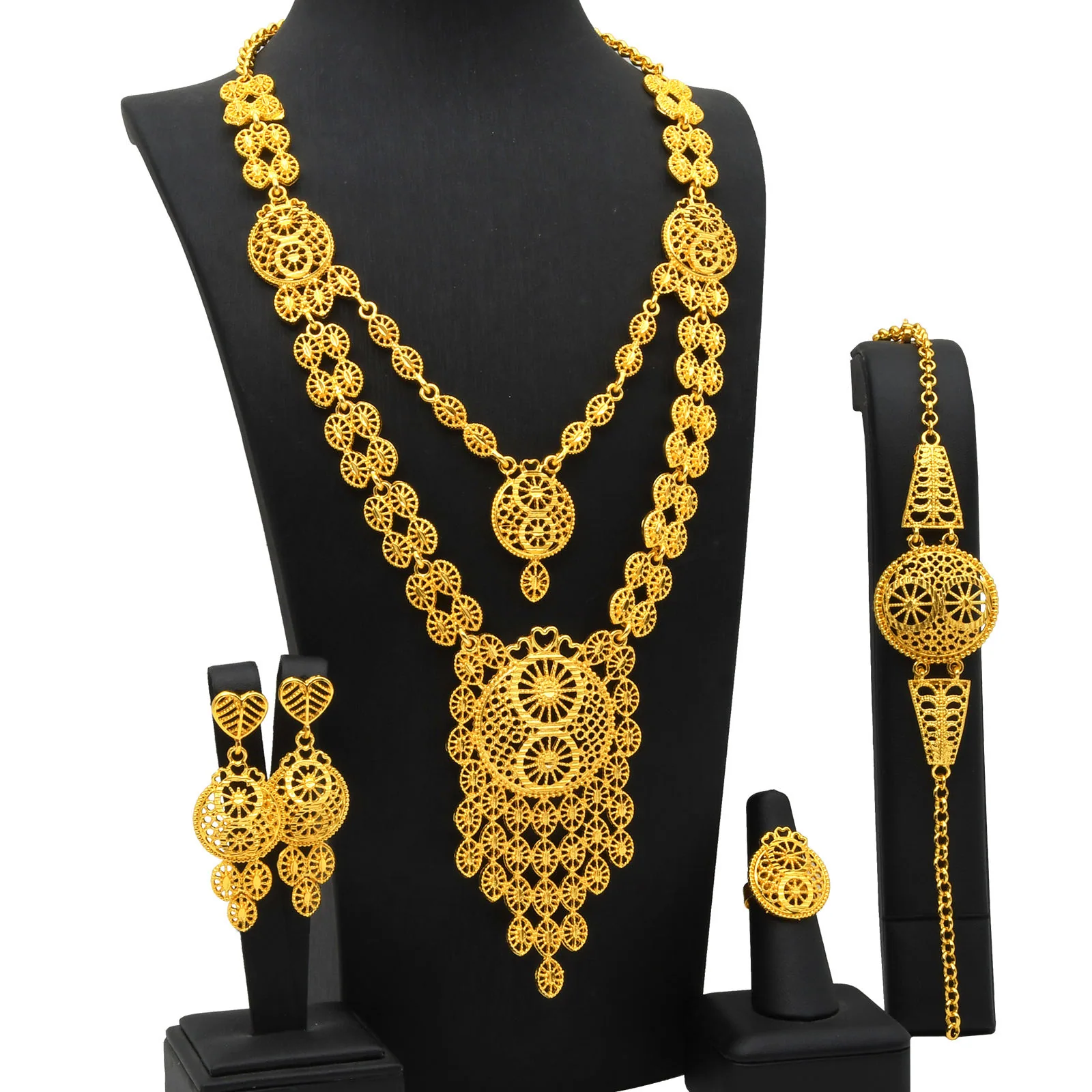 Luxury Designer Statement 24K Gold Plated Necklaces Earring Bracelet Ring for Women Ladies Dubai Wedding Bridal Jewelry Sets