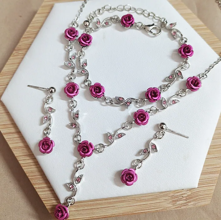 Fairy Pink Rose Floral Jewelry Set O Chain Necklace Bracelet Stud Earrings Women MOQ 6 Sets