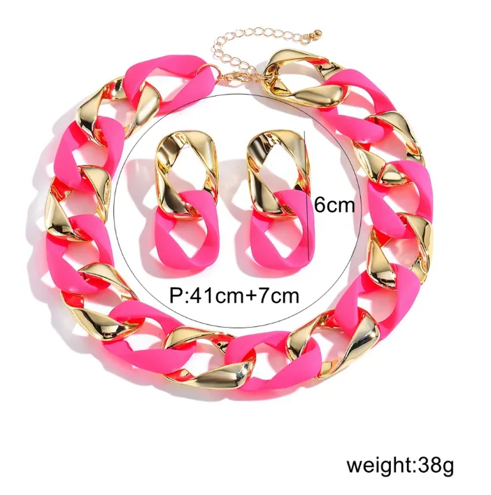 Wholesale Fluorescent CCB Resin Twist Link Jewelry Set Chunky Chain Necklace Drop Earrings Women MOQ 6 Sets Bulk Supply view 3