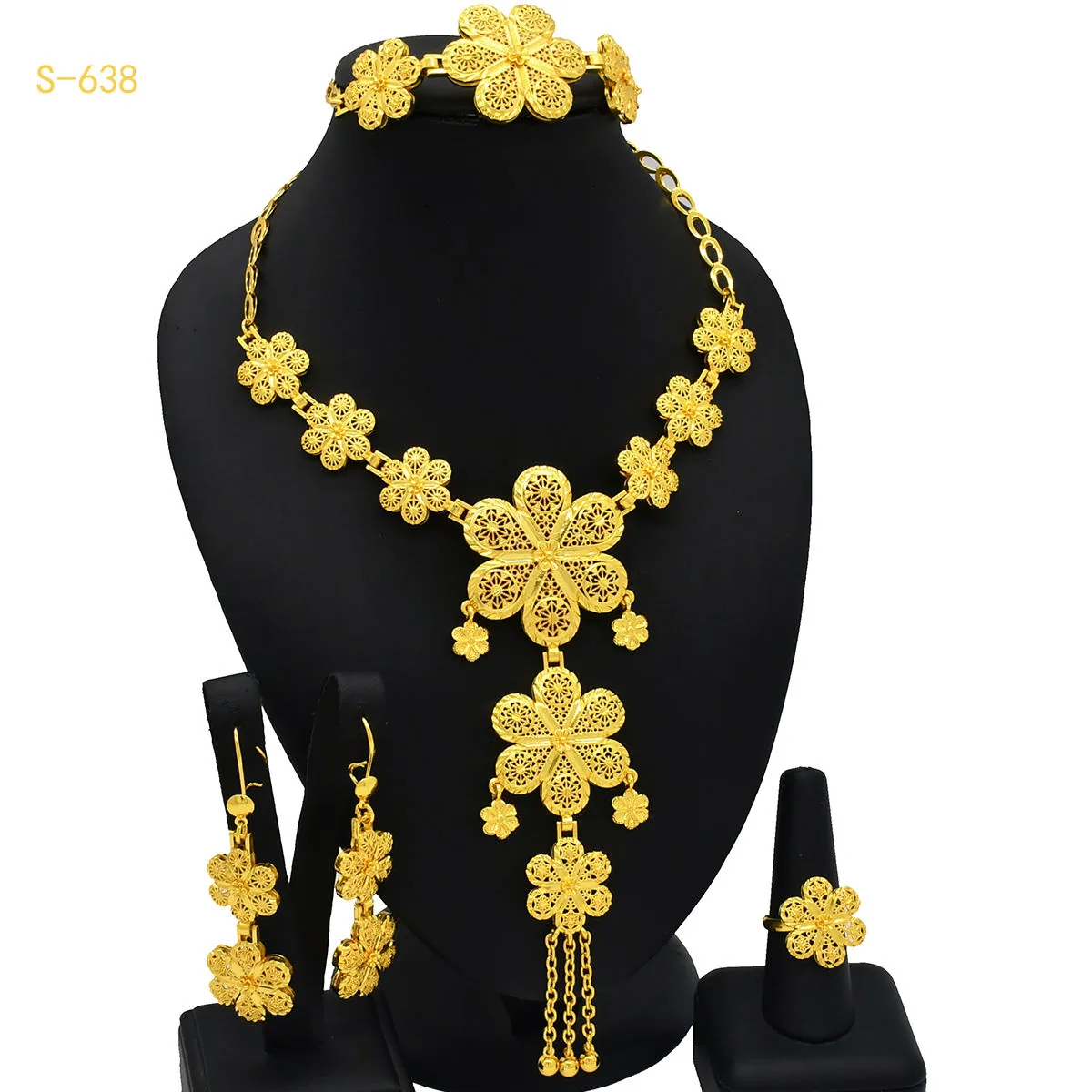Dubai Middle East Bridal Wedding Jewelry Sets Luxury Gold Plated Fashion Trendy Flower-shaped Necklaces for Women 4 Pcs Set