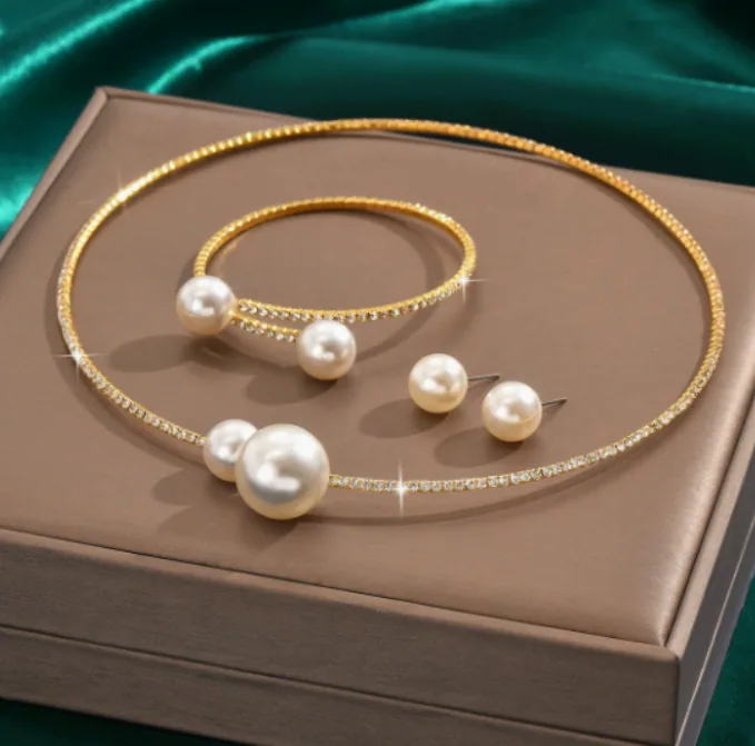 U Shape Rhinestone Choker Pearl Jewelry Set Open Cuff Bangle Stud Earrings Women Daily Accessories
