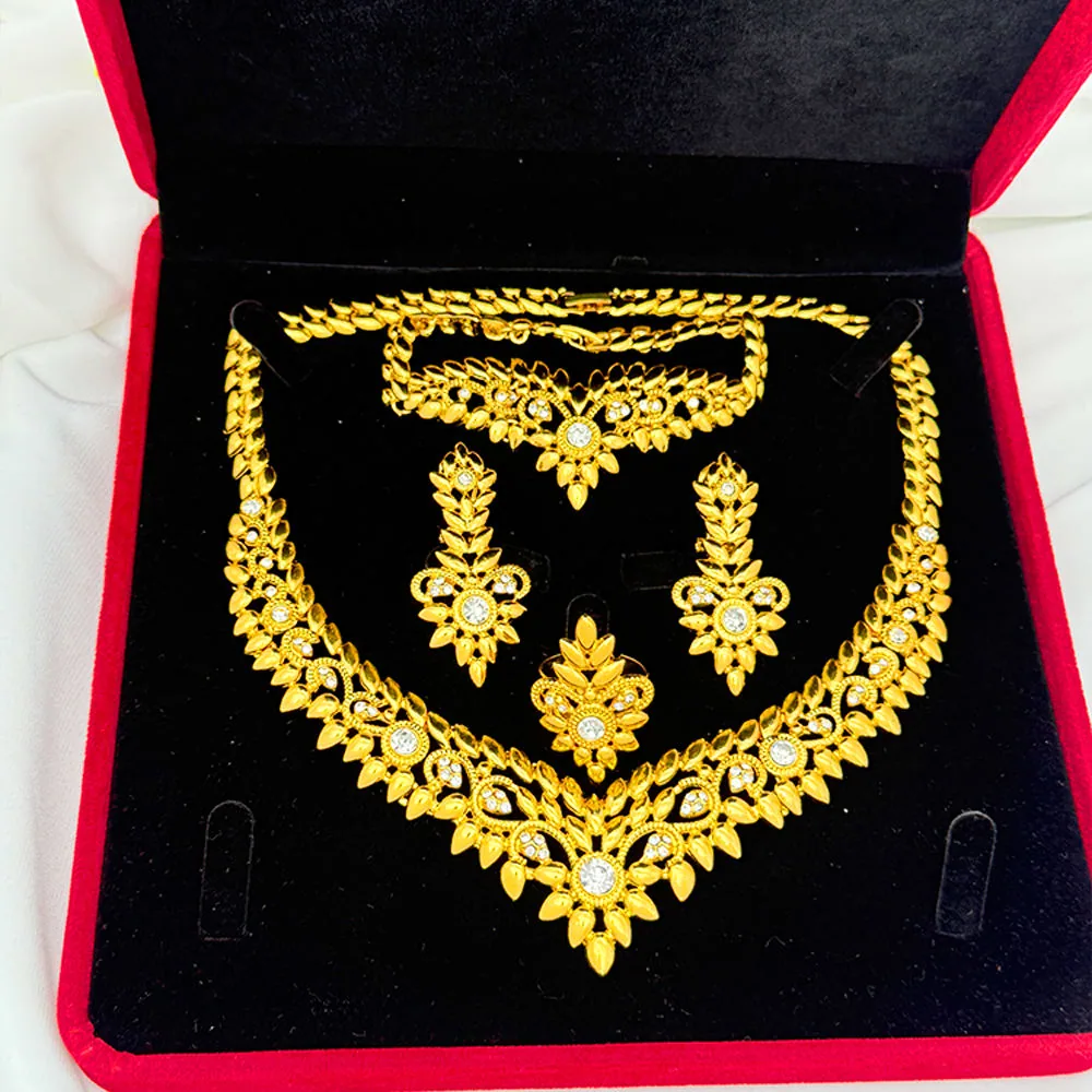 Dubai Vintage Luxury Gold Plated Jewelry Sets for Women African Bride Wedding Saudi Necklaces Bracelet Earrings Ring 4pcs Set view 2