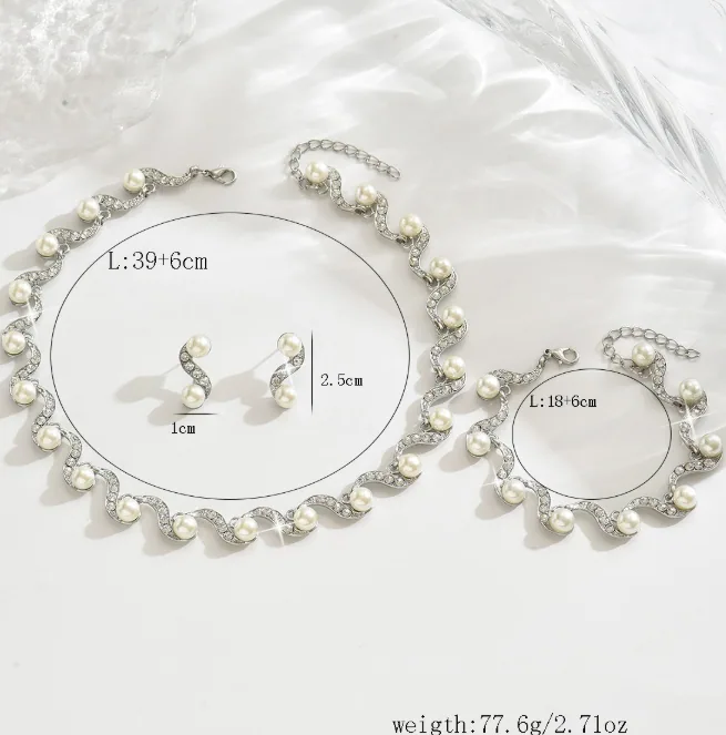 Wholesale S Wave Crystal Faux Pearl Jewelry Set Choker Necklace Stud Earrings Women Multi MOQ Bulk Supplier view 3