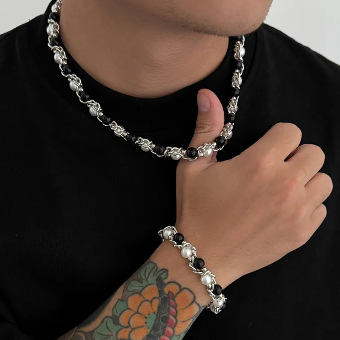 Wholesale Hip Hop Wrap Two Tone Faux Pearl Men Necklace Geometric Choker MOQ 6 Sets Bulk Supply view 3