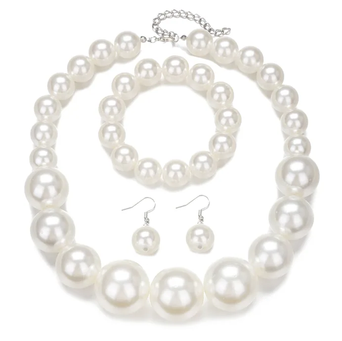 Wholesale Boho Chunky Two Tone Faux Pearl 3PCS Jewelry Set Necklace Bracelet Earrings Women MOQ 6 Sets Bulk Supply view 2