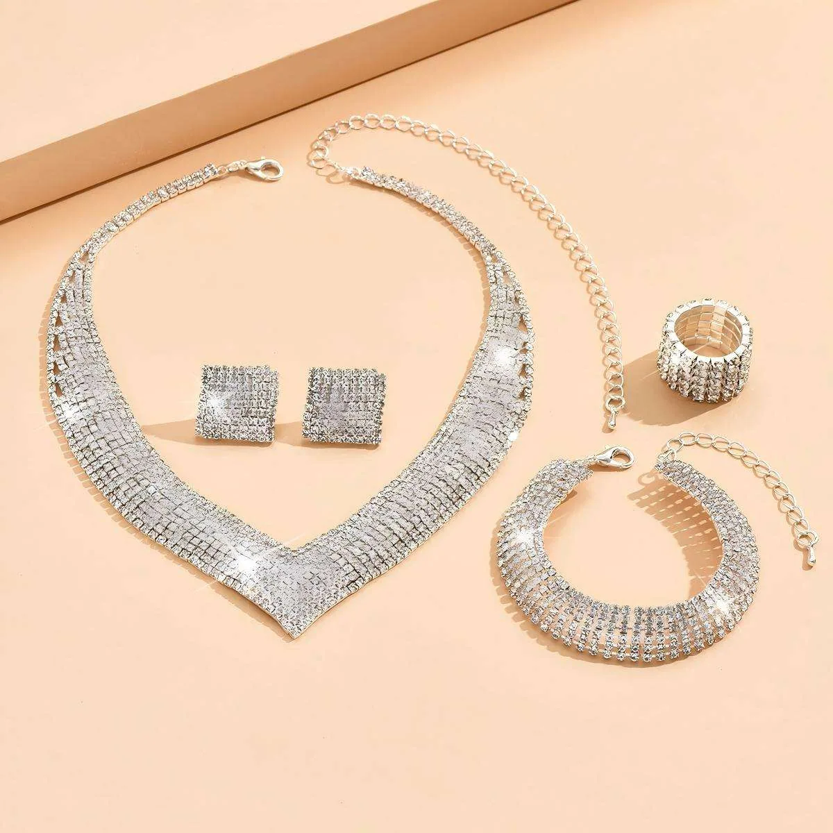 Fashion Luxury Diamond Shining Wedding Jewelry Tennis Tassel Silver studded Earrings Necklaces for Women Gift Set view 3