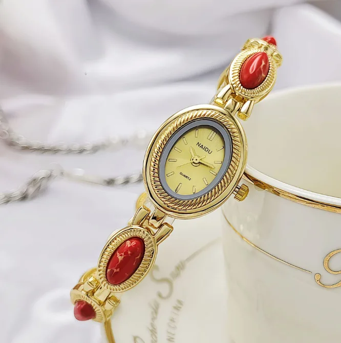 New Korean Style Oval Bracelet Watch for Women Colorful Stone Fashion Gold High‑End Niche Wrist Watch for Students