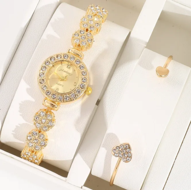 Ins Style Small Round Dial Bracelet‑Style Mirror Quartz Women Watch Rhinestone Alloy Steel Band Wholesale view 3