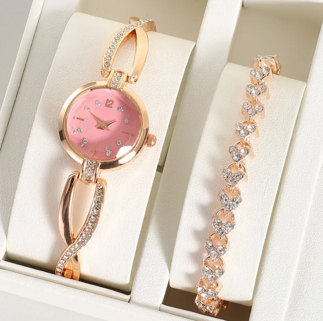 Ins Style Small Round Dial Bracelet‑Style Mirror Quartz Women Watch Rhinestone Alloy Steel Band Wholesale