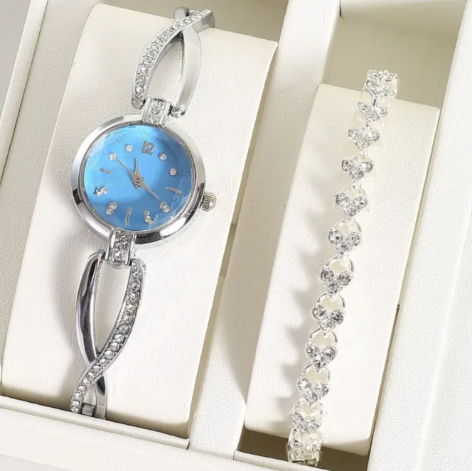 Ins Style Small Round Dial Bracelet‑Style Mirror Quartz Women Watch Rhinestone Alloy Steel Band Wholesale view 2