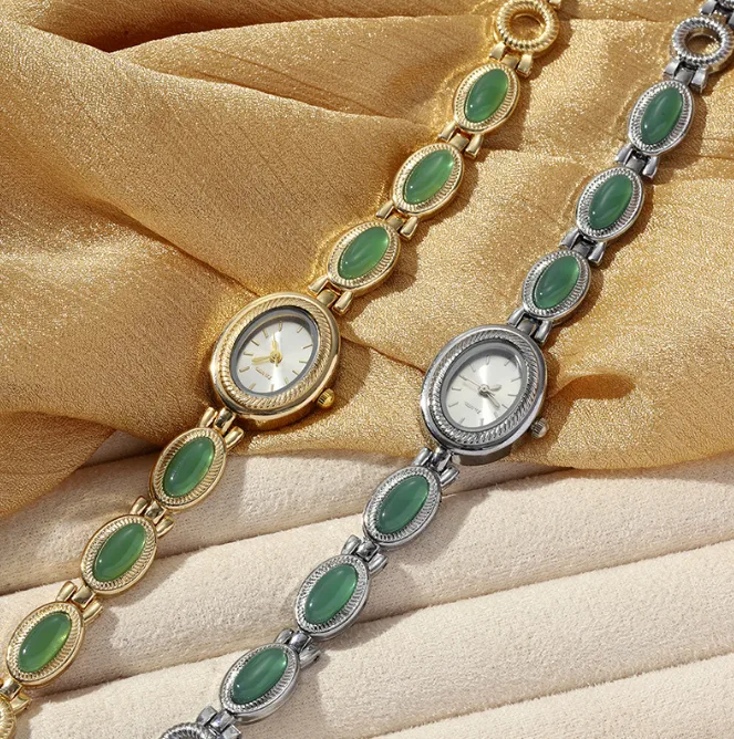 Retro Imitation Jade Bracelet Quartz Watch Women Oval Small Dial Decorative High‑End Wrist Watch