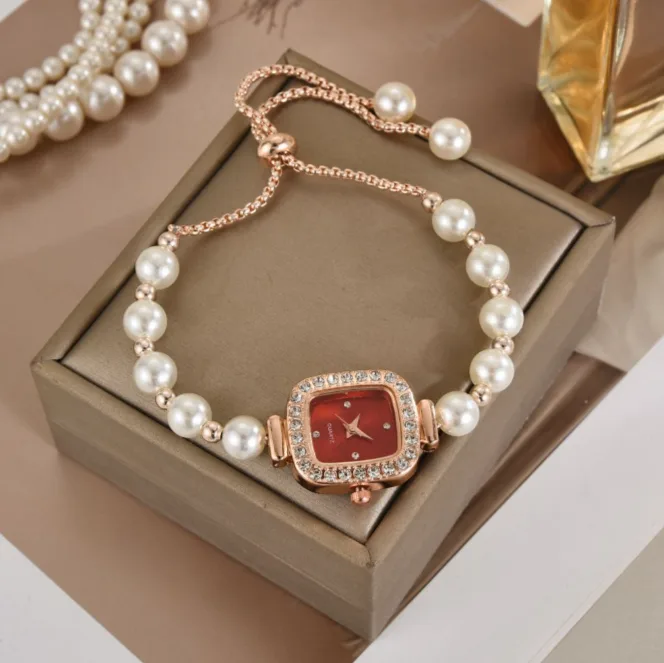 Pearl Thin Band Inlaid Rhinestone Square Women Quartz Watch Adjustable Bracelet Wrist Watch for Gift view 2