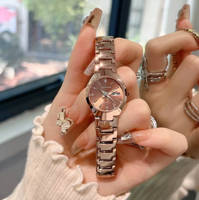 New Women Quartz Wrist Watch Trendy Versatile Water‑Resistant Luminous Calendar Tungsten Steel Gold Steel Band Niche Ladies Watch view 3