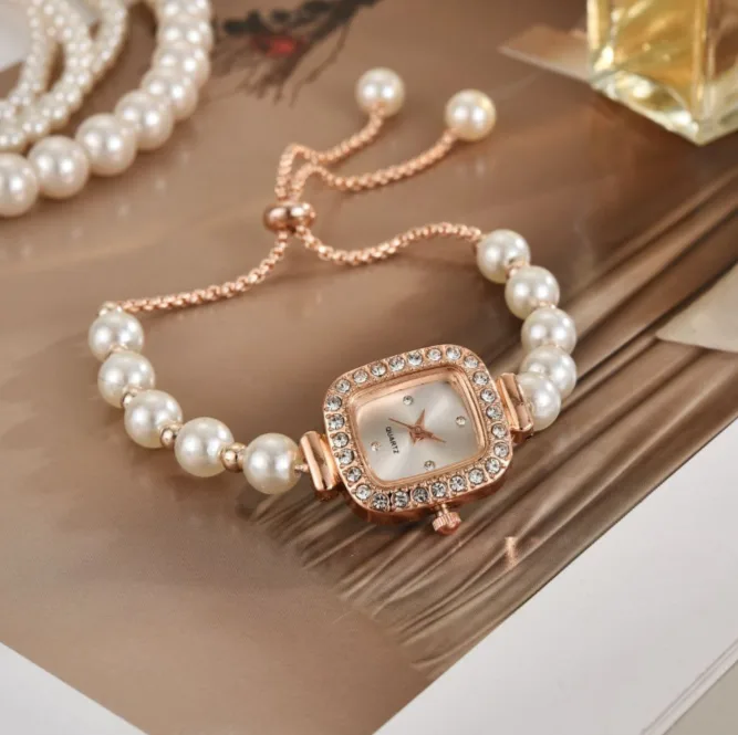 Pearl Thin Band Inlaid Rhinestone Square Women Quartz Watch Adjustable Bracelet Wrist Watch for Gift view 3