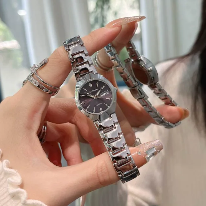 New Women Quartz Wrist Watch Trendy Versatile Water‑Resistant Luminous Calendar Tungsten Steel Gold Steel Band Niche Ladies Watch