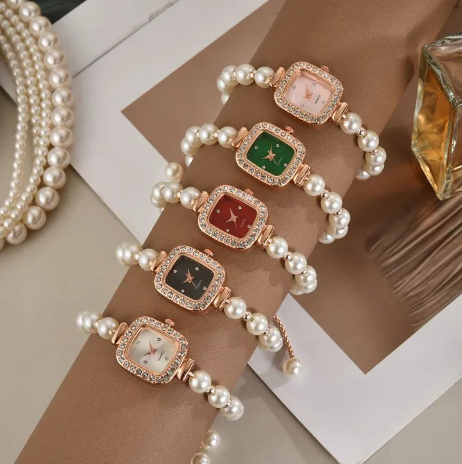 Pearl Thin Band Inlaid Rhinestone Square Women Quartz Watch Adjustable Bracelet Wrist Watch for Gift