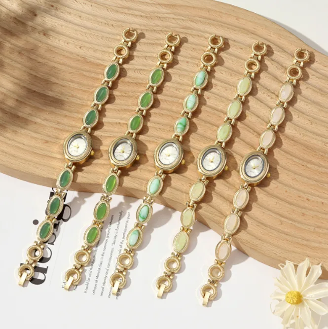Retro Imitation Jade Bracelet Quartz Watch Women Oval Small Dial Decorative High‑End Wrist Watch view 2