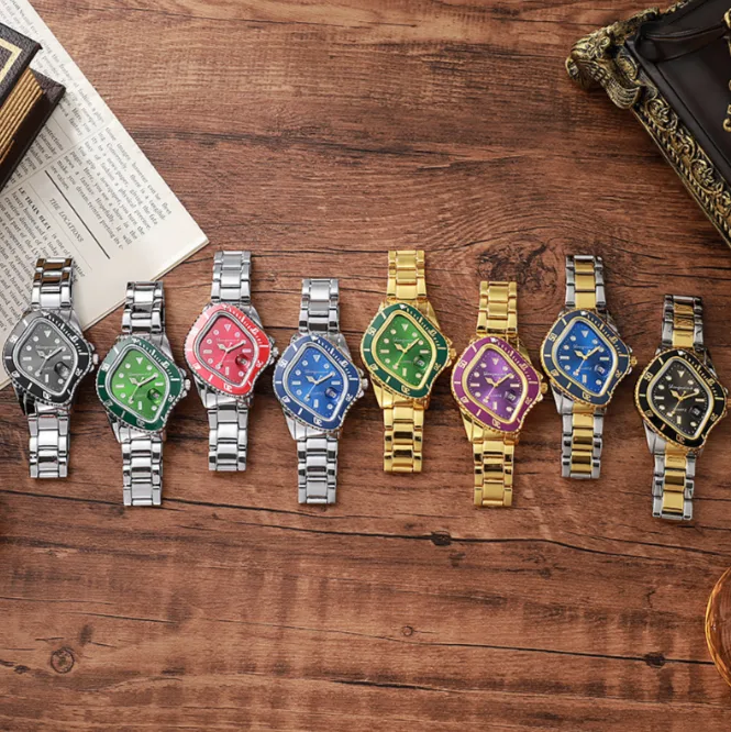 Twisted Submariner Style Hip‑Hop Quartz Watch Alloy Steel Band Water‑Resistant Casual Watch Set Factory Direct Wholesale view 3