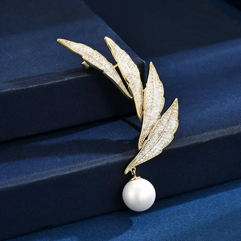 Feather Brooch Pearl Pendant Unique Anti-exposure Pin Buckle Corsage for Women Men Wholesale Fine Jewelry for Wedding Party