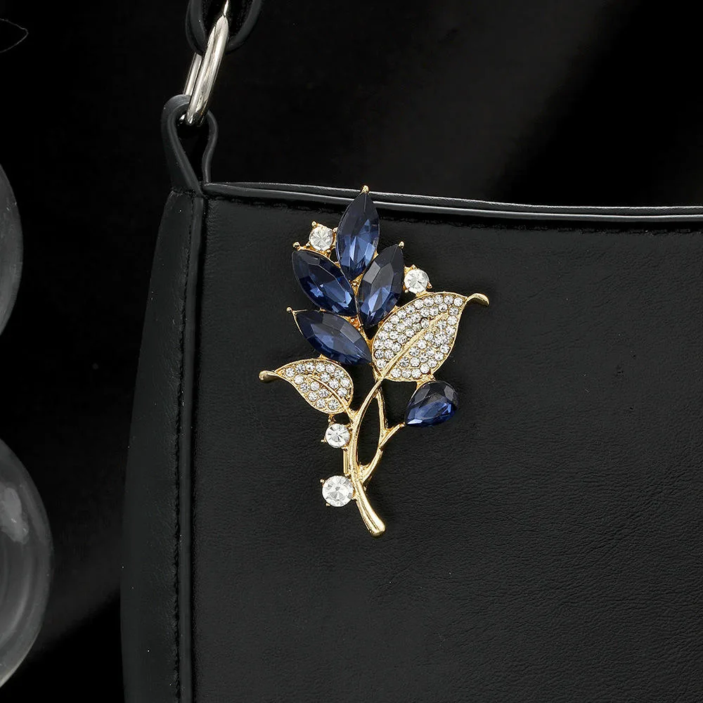 Luxury Gold Plated Zinc Alloy Blue Crystal Leaf Brooch Pins with Rhinestone for Women's High-End Fashion Accessories view 2