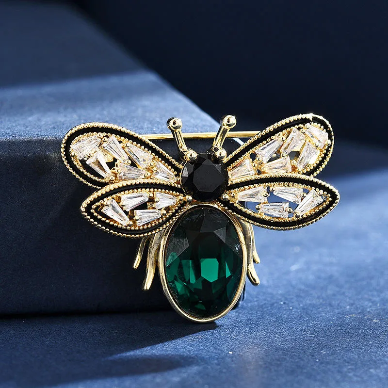 Green Crystal Bee Brooch Wholesale Fashion Jewelry for Women Men Animal Lapel Pin Unique Anti-Exposure Clip for Gift Wedding