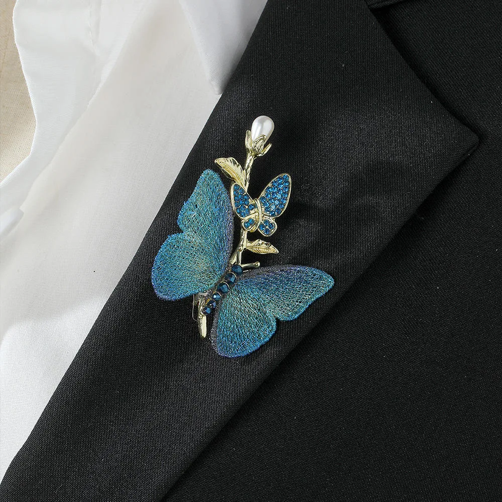 Rhinestone-Encrusted Pearl Blue Butterfly Gold Plated Alloy Women's Engagement Brooch Pin Party Gift Fashion view 2