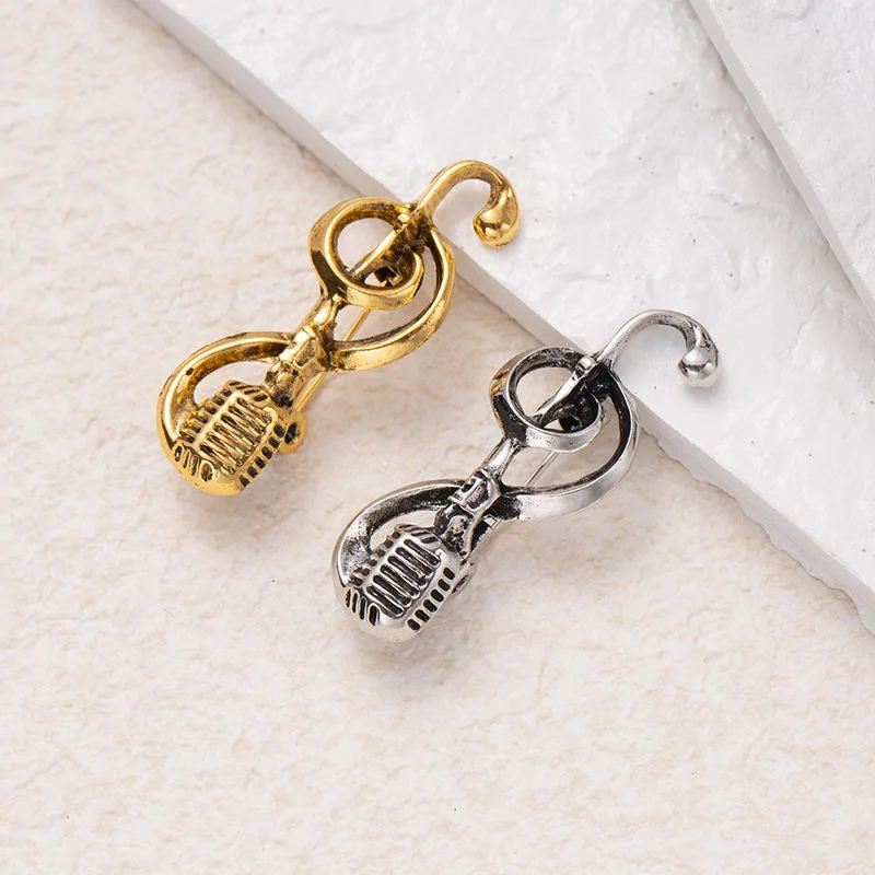 Fashionable Unique Creative Microphone Musical Note Brooch Niche Design Gold Plated Unisex Gift Party Lapel Pin Accessory