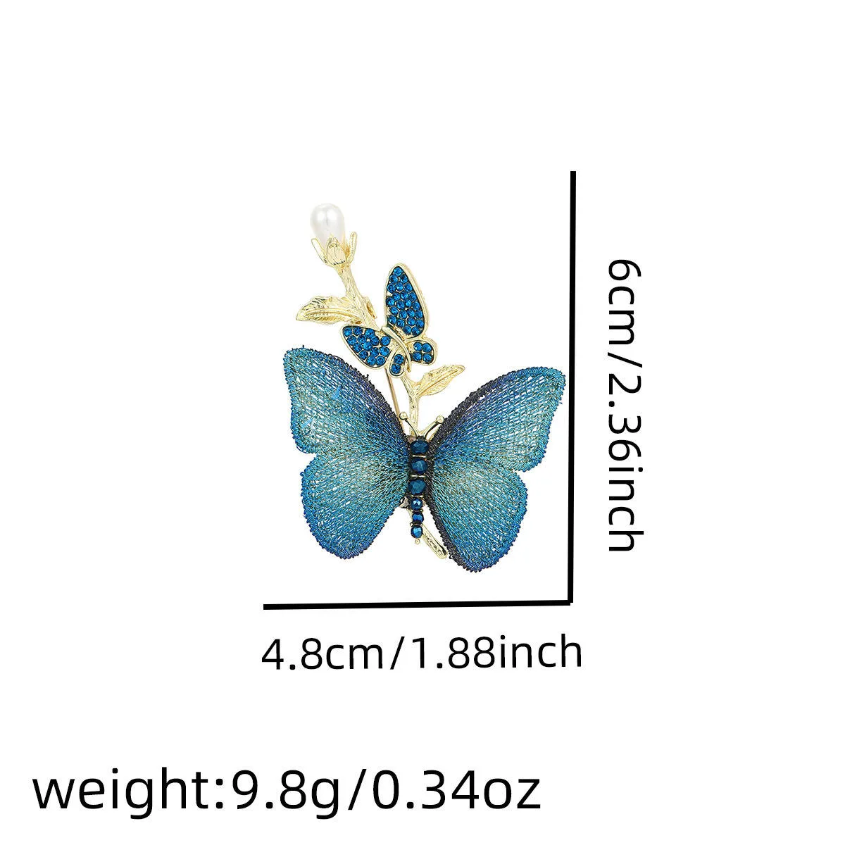 Rhinestone-Encrusted Pearl Blue Butterfly Gold Plated Alloy Women's Engagement Brooch Pin Party Gift Fashion view 3