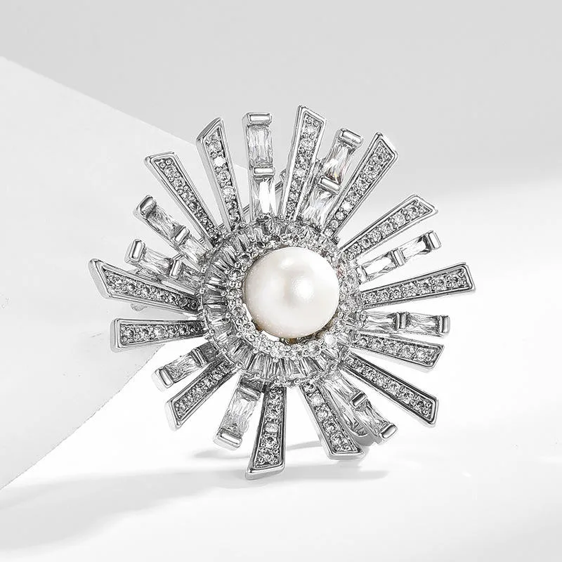 Natural Freshwater Pearl Sunflower Brooch Fancy Jewelry for Ladies Rhinestone Inlay Accessory for Couple Wedding Party