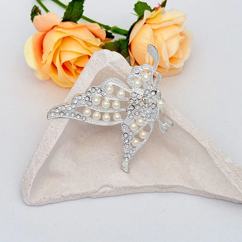 Butterfly Rhinestone & Pearl Alloy Silver Plated Brooch Collar Pin Korean Style Elegant Women's Fashion Gift Party Accessory view 2