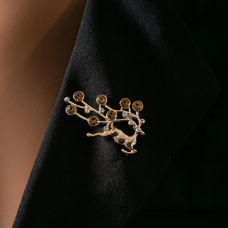 New Christmas Reindeer Alloy Brooch Pins Gold Plated with Rhinestone Inlay-Luxurious High-End Design for Gift & Party