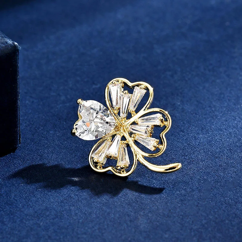 Flower Lapel Pin Micro Zircon Gold Plated Copper Jewelry Brooch for Women Shirt Accessories Anti-Exposure Pin for Wedding Party