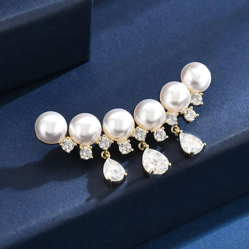 Fashion Pearl Tassel Pendant Brooch for Women Men Exquisite Coat Suit Lapel Pin, Anti-Exposure Dress Clip for Wedding Party