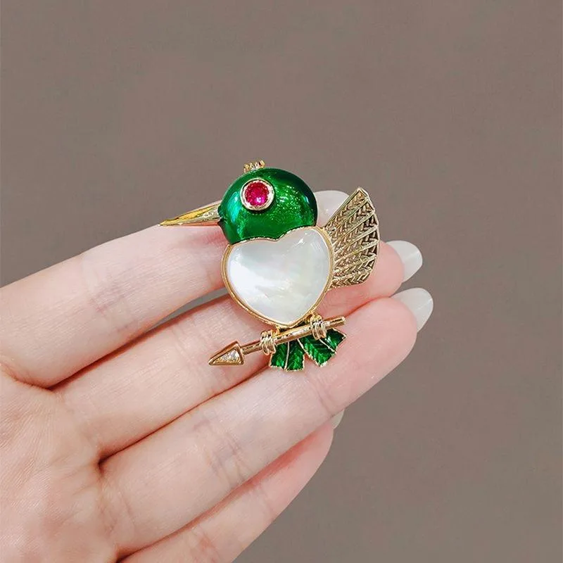 14K Gold Plated Copper Cute Little Green Bird Heart-shaped Zirconia Lady's Children's Brooch Fashion Classic Jewelry view 2