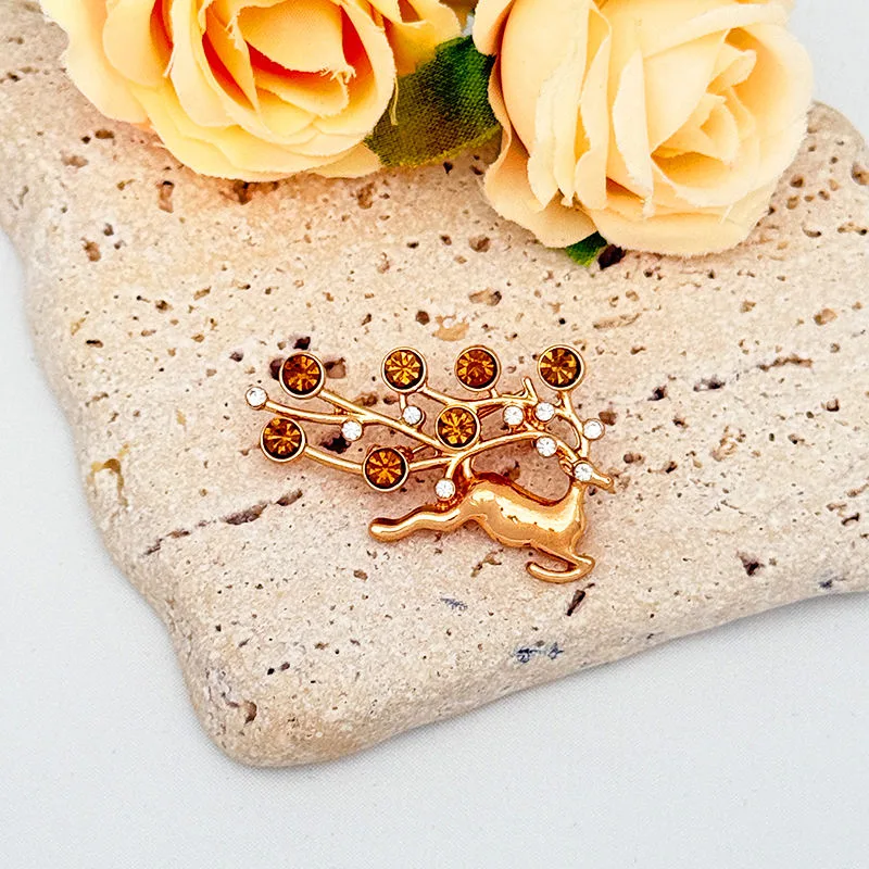 New Christmas Reindeer Alloy Brooch Pins Gold Plated with Rhinestone Inlay-Luxurious High-End Design for Gift & Party view 2
