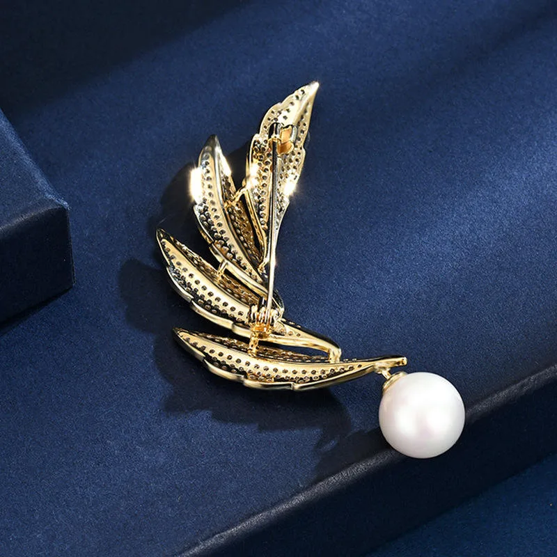 Feather Brooch Pearl Pendant Unique Anti-exposure Pin Buckle Corsage for Women Men Wholesale Fine Jewelry for Wedding Party view 2