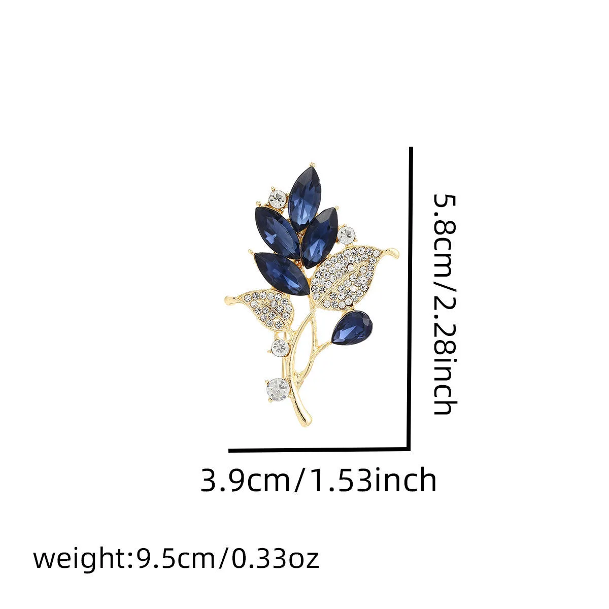 Luxury Gold Plated Zinc Alloy Blue Crystal Leaf Brooch Pins with Rhinestone for Women's High-End Fashion Accessories view 3