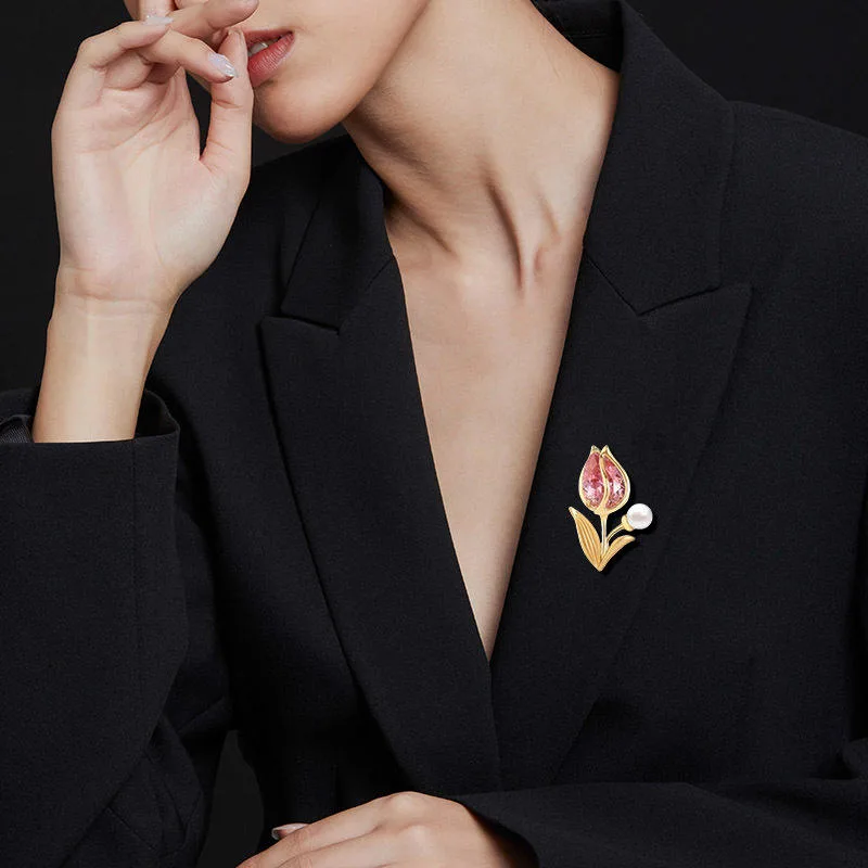 Wholesale Pink Tulip Brooch for Women Men Elegant Unique Flower Anti-Exposure Clip Suit Gift for Birthday Wedding Party view 3