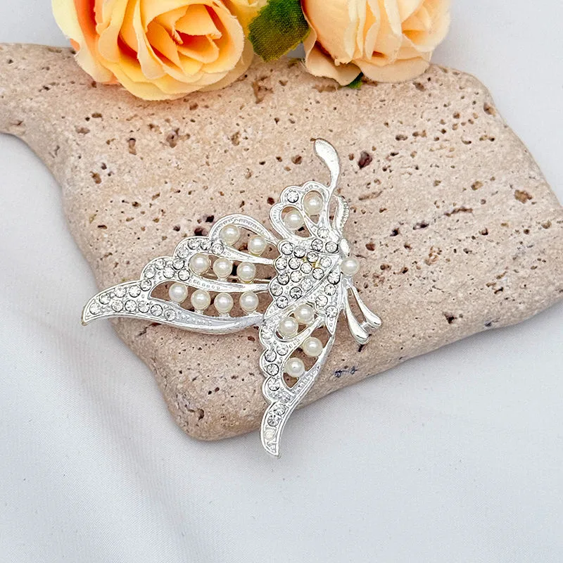 Butterfly Rhinestone & Pearl Alloy Silver Plated Brooch Collar Pin Korean Style Elegant Women's Fashion Gift Party Accessory