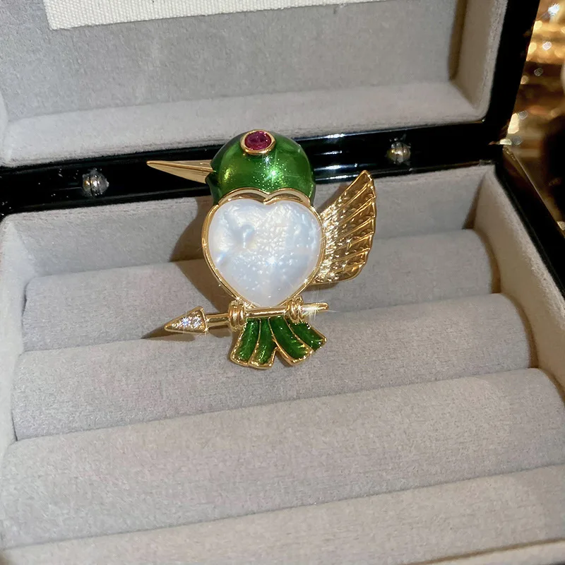 14K Gold Plated Copper Cute Little Green Bird Heart-shaped Zirconia Lady's Children's Brooch Fashion Classic Jewelry