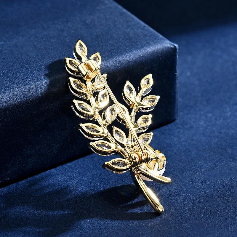 Leaf Pearl Brooch Fashion Jewelry for Women Men Trendy Elegant Flower Copper Alloy Corsage Suit Lapel Pin Gold Unique Gift view 2