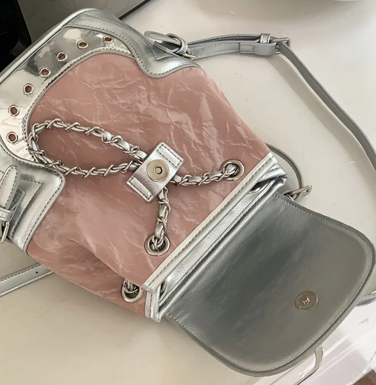 Silver Pink Two Tone PU Leather Backpack Cute Butterfly Decor Small Travel Backpack for Ladies view 2