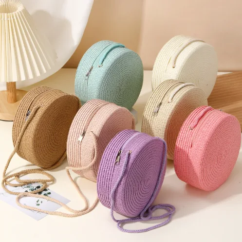 New Arrival Straw Woven Round Bag for Women Light Luxury Style Mini Crossbody Purse Kids Shoulder Bag for Beach Vacation Seaside Travel