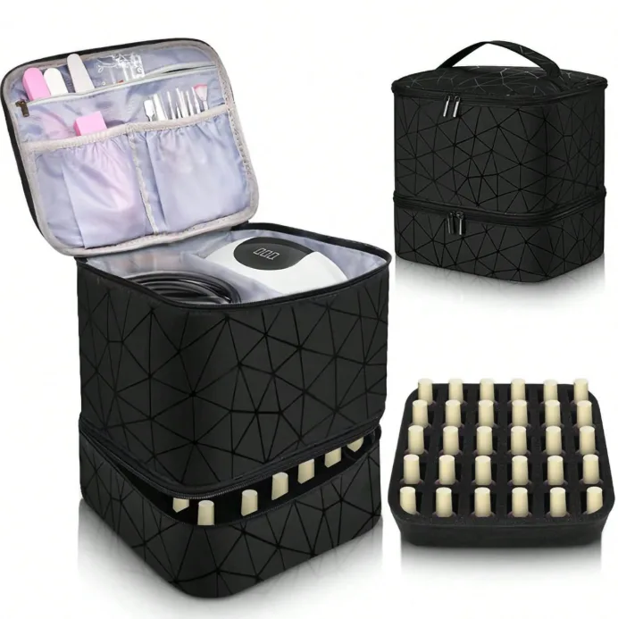 Double Layer PU Makeup Bag Large Capacity Nail Polish Organizer Portable Cosmetic Bag view 3