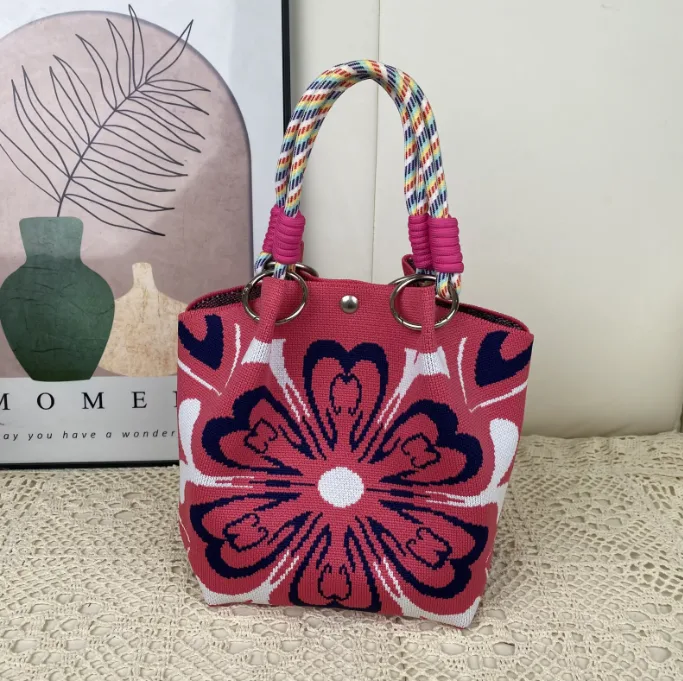 Women's Knitted Bucket Bag Geometric Print Handbag with Rope Handle Streetwear Shoulder Bag